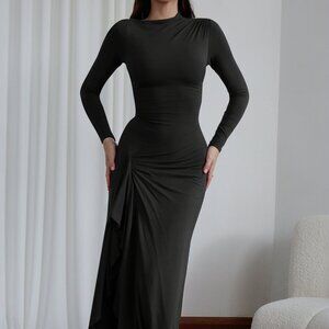 Ruched Long Sleeve Maxi Dress | New Sheath Evening Dress w/ Leg Slit
